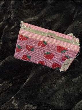 Claire's Pink Strawberry Crystal-Embellished Clutch with Silver Hardware